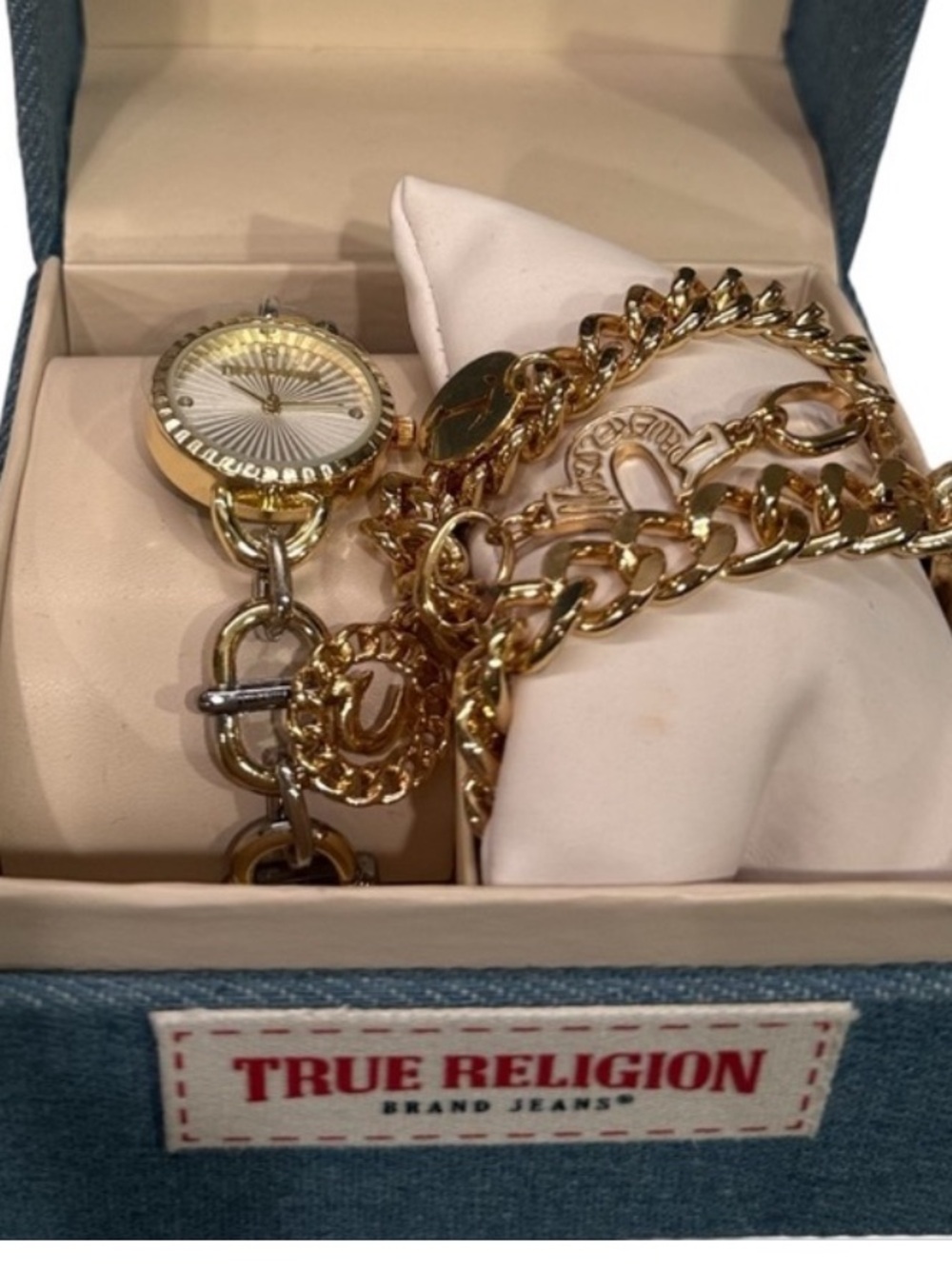 TRUE RELIGION New Double Link Round Chain Watch 3 Chain Charm Bracelet Box Set